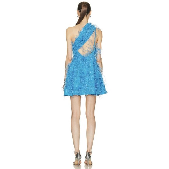 Cult Gaia Eliana Cutout One-Shoulder Feather Mini Dress Lake Blue - Picture 2 of 14
